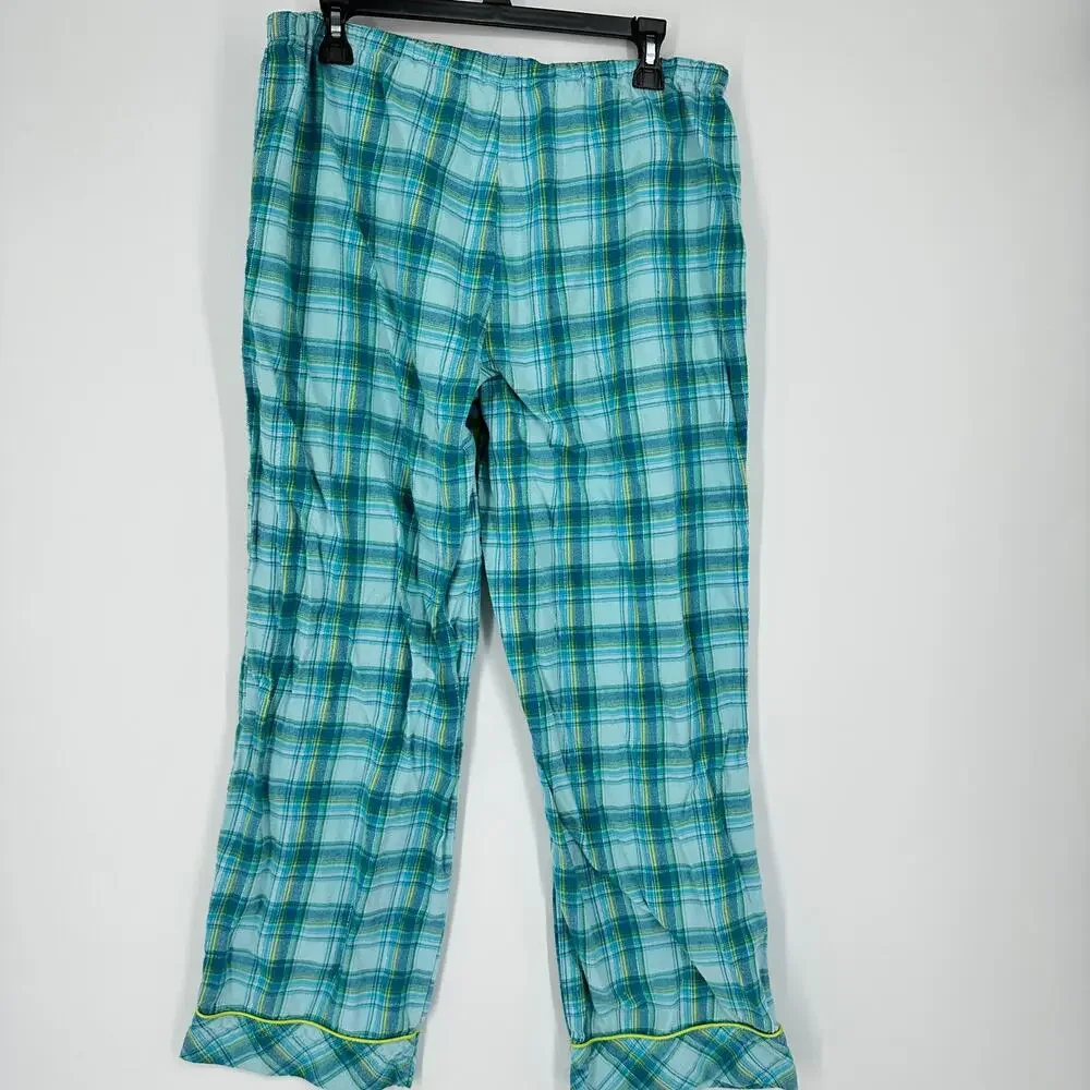 EUC Victoria’s Secret Pajama Pants M Plaid Blue Green Flannel Silver Threading